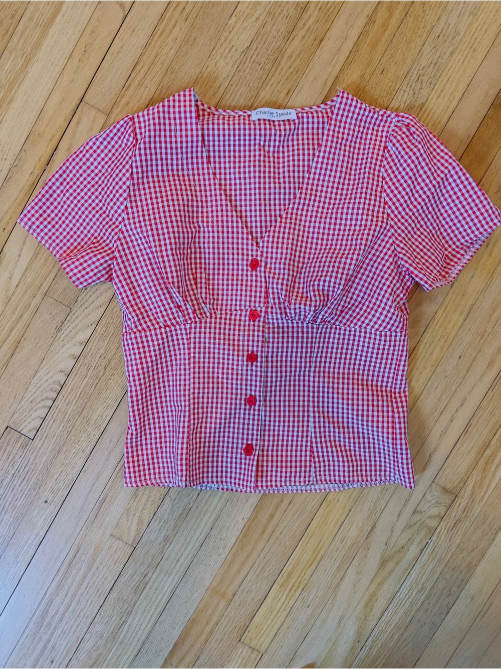 Red Gingham Tie-Back Button Blouse